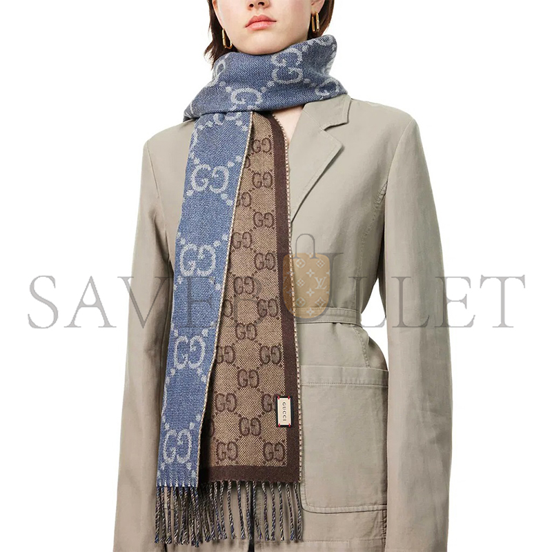 GUCCI GG JACQUARD-KNIT TASSEL-TRIM WOOL SCARF R04420669 GUCCI GG JACQUARD-KNIT TASSEL-TRIM WOOL SCARF R04420669